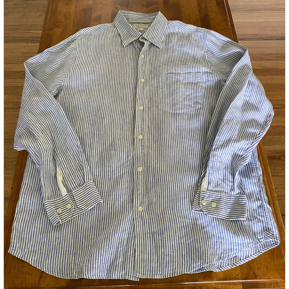 Banana Republic Mens XL Blue White Stripe 100% Linen Long Sleeve Button Up Shirt